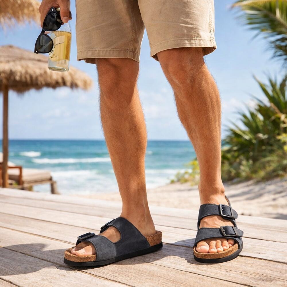 NAOT Santa Barbara Men's SZ 43/10 Cork Bed Slide Sandals Oily Midnight Suede NEW